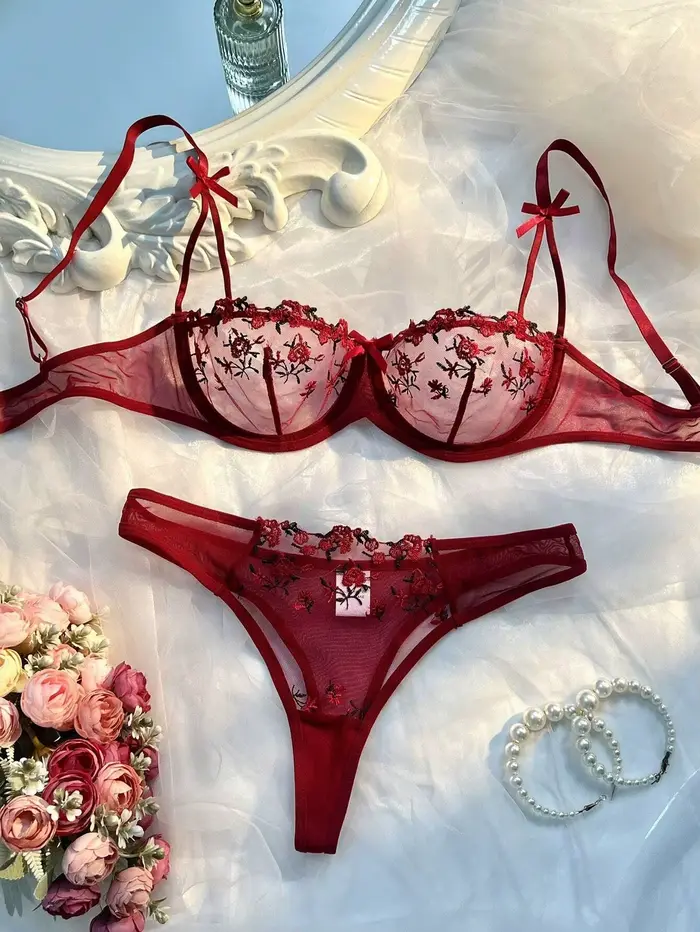 Erotická fantasy Sexy romantická spodná bielizeň pre ženy, 2 kusy, dámske priehľadné spodné prádlo, výšivky, krásne podprsenky a nohavičky