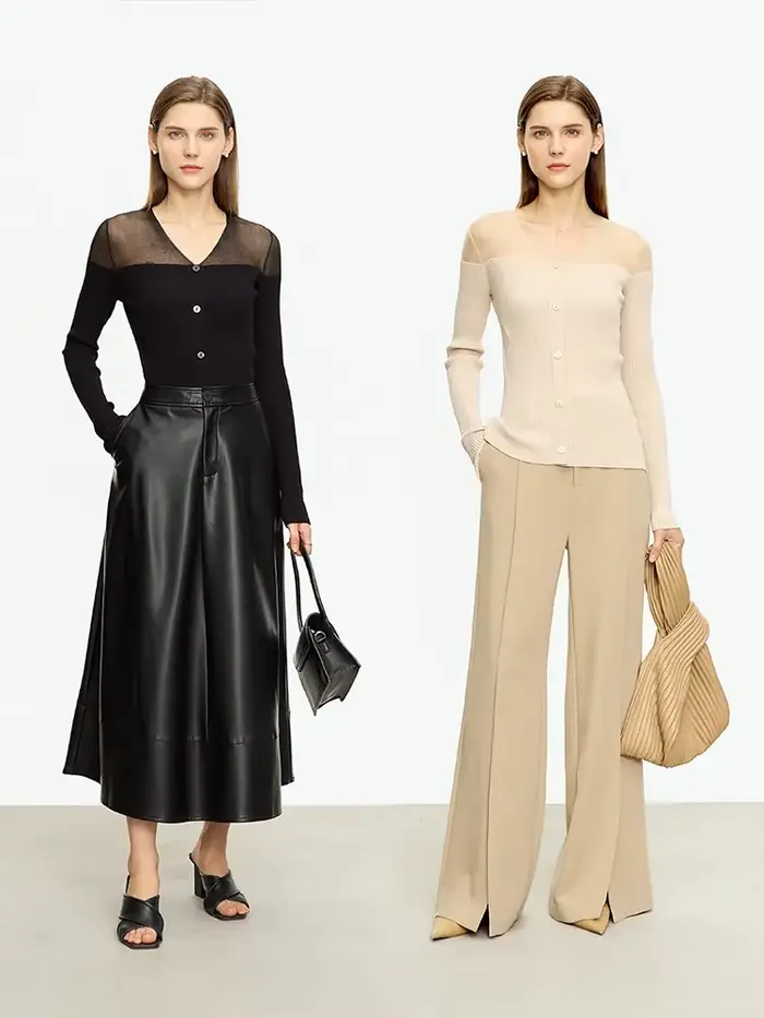 V-neck viskóza a nylon patchwork sveter pre ženy jeseň 2023 nový minimalistický dizajn dámska kancelária