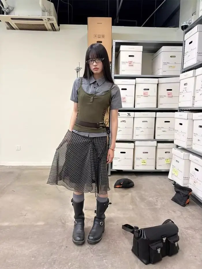 Deeptown Vintage Plaid sieťovaná sukňa pre ženy japonská asymetrická midi