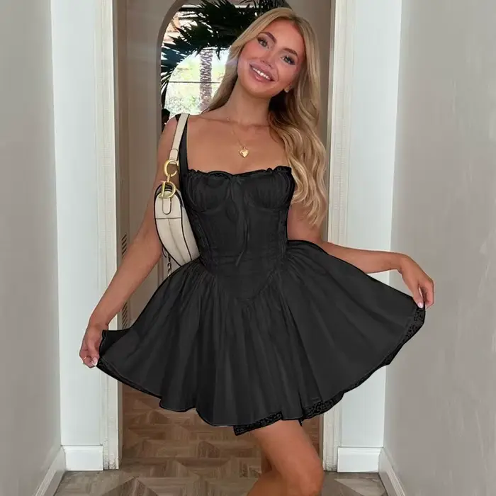 Elegantná čipkovaná korzetová ležérna biela baletná krátka šaty so štvorcovým výstrihom do A-liniek náplasťové mini