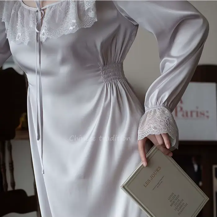 Štýlová fialová nočná košeľa, Vintage, Čipka Krk, Nočné oblečenie, Rayon, Satén, S dlhými rukávmi, Spodná bielizeň, Nočné oblečenie