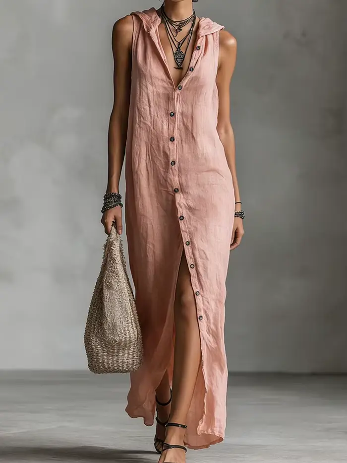 Robe de soirée vintage sans manches à boutons pour femme, collection Printemps-Été 2026, robe longue