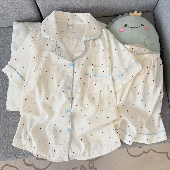 Dámske polka dot tlačené bavlnené pyžamo set, krátky rukáv top a šortky, 2-dielna, ležérne, pohodlné, potlačené nočné oblečenie