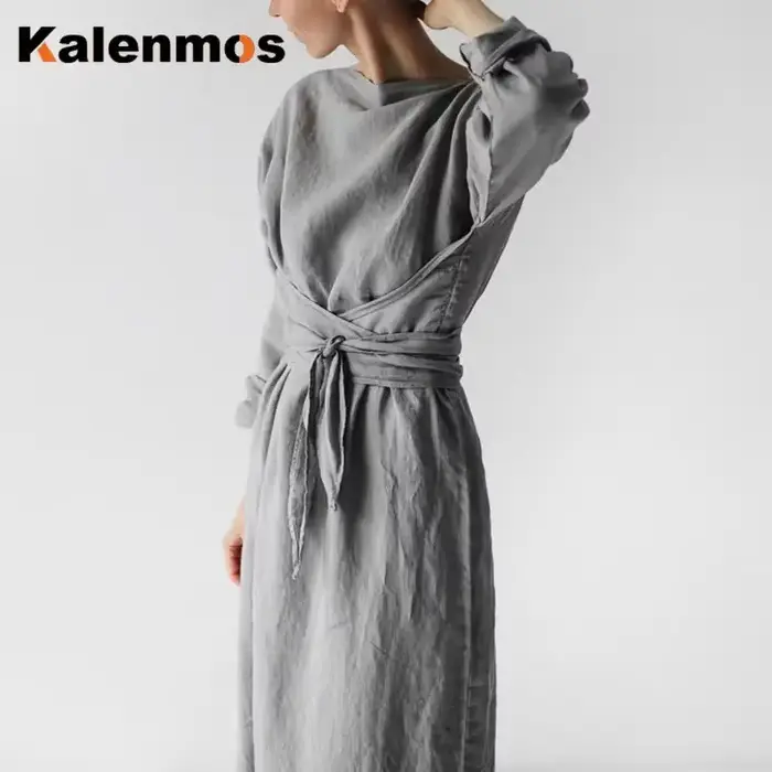 Robe longue décontractée en coton pour femmes, col rond, manches longues, gris uni, plis de document