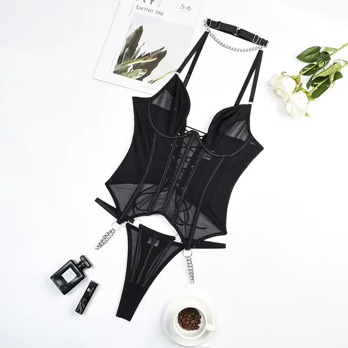 Sexy Dámske spodná bielizeň Polyester Set s priehľadné reťaze a čipky späť pre ženy špeciálne príležitosti