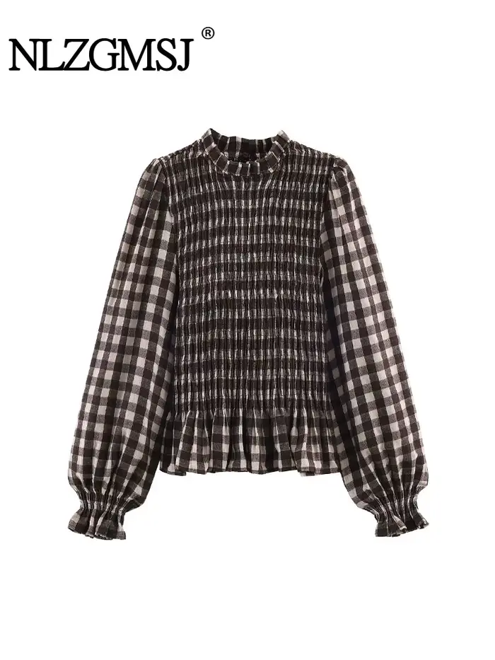 Nlzgmsj 2025 Vintage Chic hnedá kockovaná košeľa pre ženy s dlhým rukávom Blúzka s riasením ležérny elegantný top