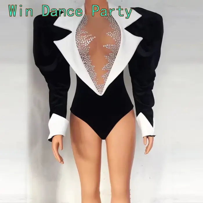 Body Sexy en velours noir à grandes manches, 2 pièces, jupe longue à queue, tenue de danse pour célé