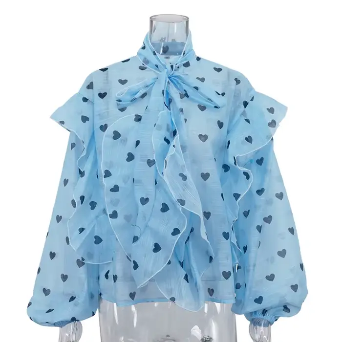 Nouvelle Blouse Femme Élégante Beige Imprimée 2026, Décontractée, Col à Lacets, Manches Bouffantes, 