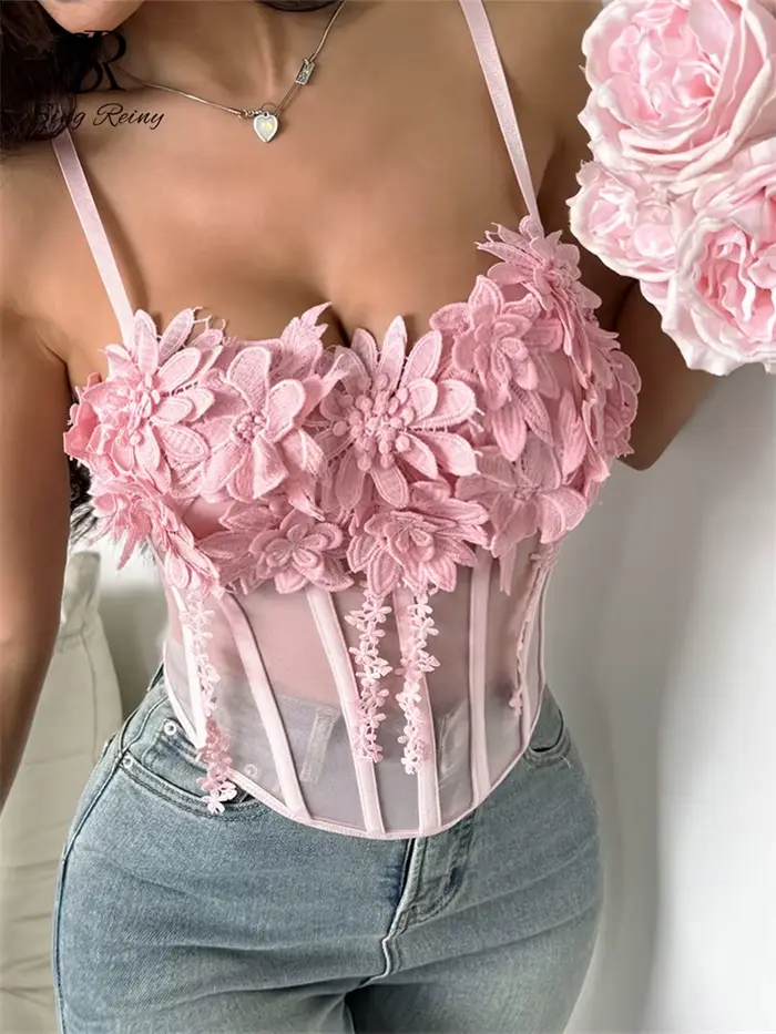SINGREINY čistá gáza 3D kvety Korzet ženy ružová Sexy popruhy tenké high fashion Streetwear dámy krátke francúzske Chic Sweet Camis