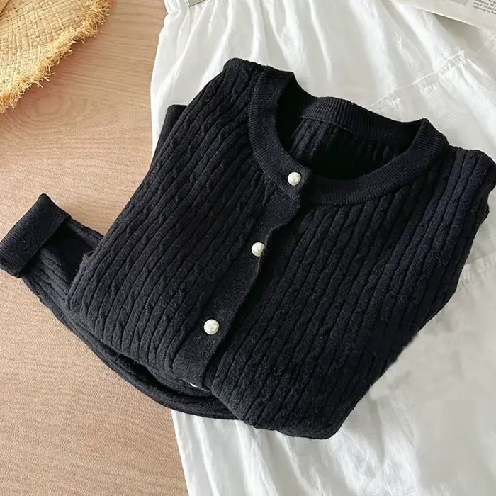 Elegantný dlhý rukáv pletený top pre ženy jeseň zima jednoduché zapínanie pulóver okrúhly výstrih hrubý teplý
