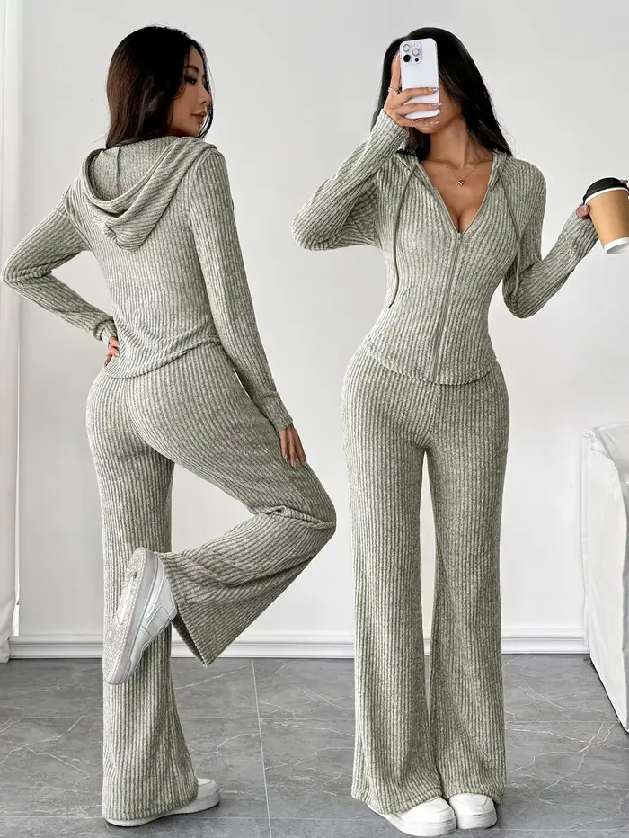Ensemble haut à capuche et pantalon évasé ample pour femmes, couleur unie, à la mode, décontracté, à