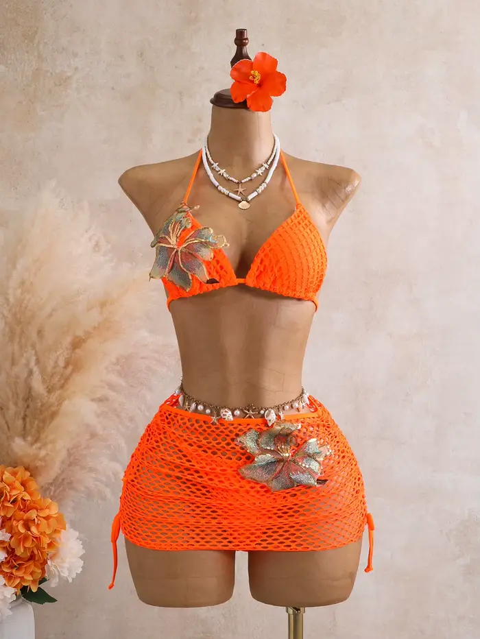 Sexi oranžový 3D kvetinový bikini set pre ženy 2026