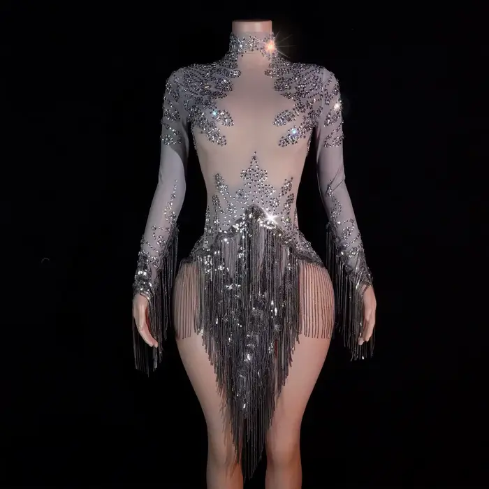 Nouveau body à sequins gris pour femme, avec franges et strass, sexy, pour spectacle, chanteuse, dan