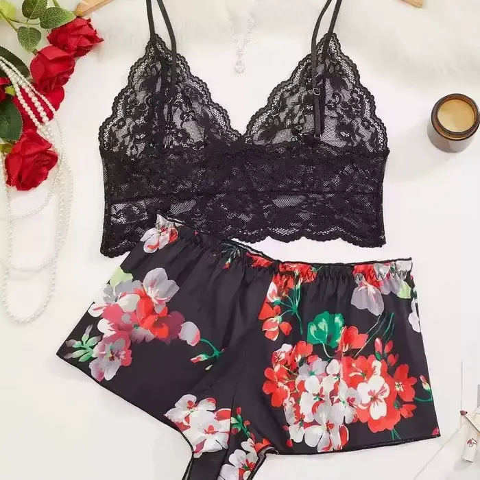 Ensemble pyjama 2 pièces pour femmes, imprimé floral, haut de pyjama à bretelles spaghetti en dentel