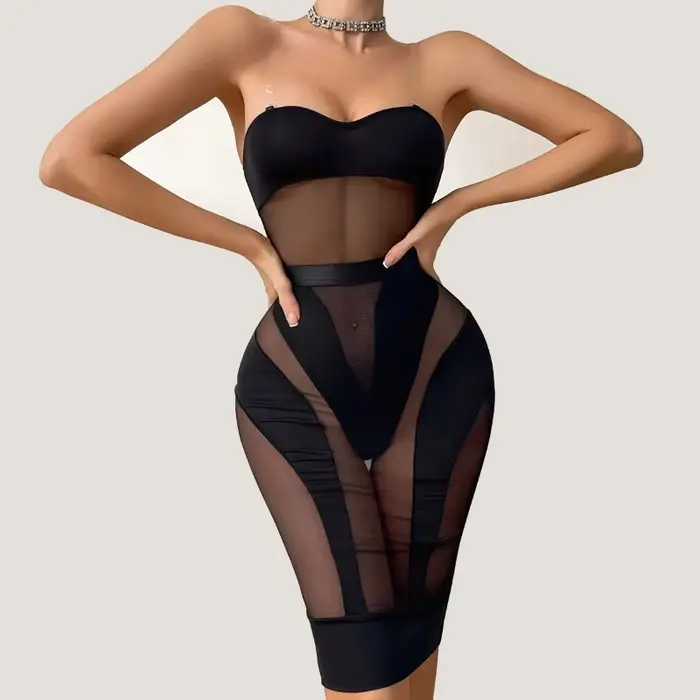 Elegantné a sexy spodná bielizeň, priehľadné body, stredne dlhé šaty, 2-dielna sada, zvodný kostým kráľovnej strany, erotický spodná bielizeň