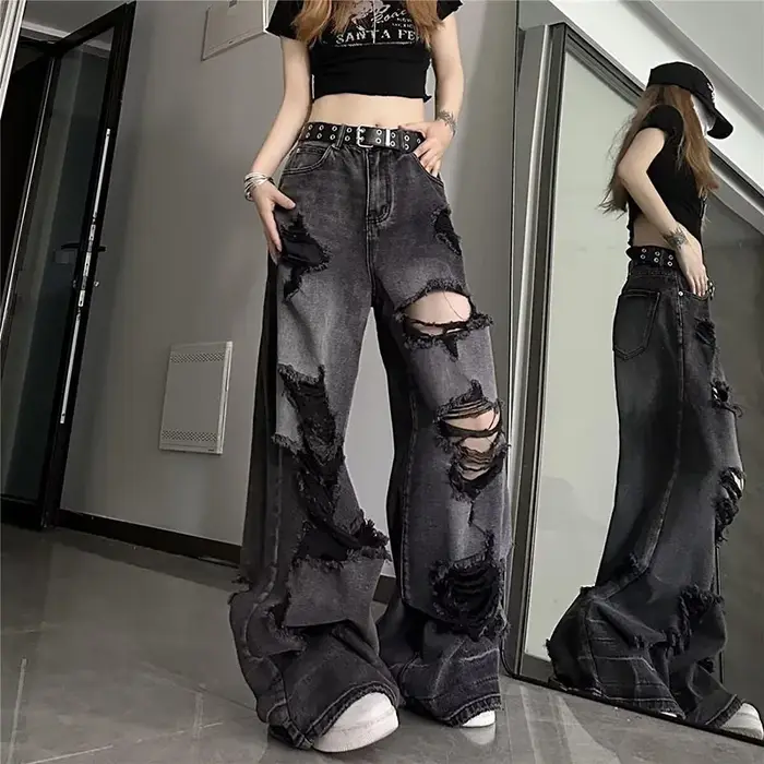 Jean déchiré noir Vintage pour femmes, pantalon à jambes larges, taille haute, droit, Baggy, Y2k