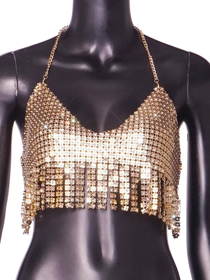 Crop top transparent en métal pour femmes, débardeur à sequins, licou d'été, Y2K Streetwear, Club Be