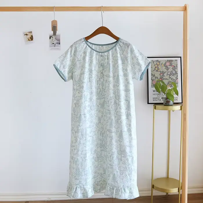 Chemise de nuit pour femme 1 pièce, robe de nuit décontractée en gaze de coton, manches courtes et coupe ample, légère et respirante, pour la maison en été