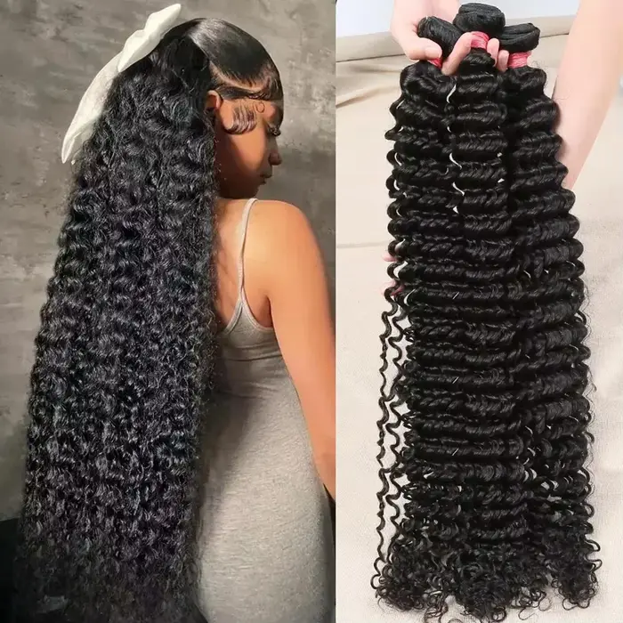 Tissage en lot brésilien naturel Remy Deep Wave, 40 pouces, noir naturel, non traité, Extensions de 
