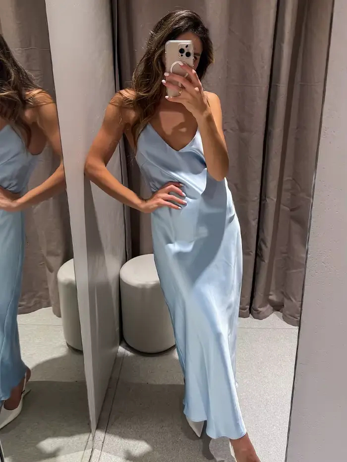 HH - Dámske hodvábne saténové šaty strednej dĺžky, nové letné spodná bielizeň, textúra, elegantné, V-Neck, sexy, bez rukávov, dĺžka členku