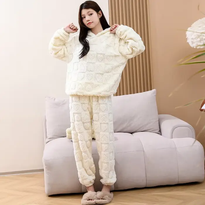 Dámske Fleece pyžamo Set, s kapucňou textúrou koralové Fleece ležérne oblečenie, dámy teplé 2-dielna Sleepwear