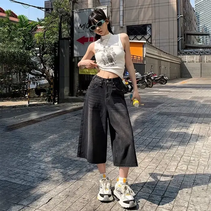 Jeans baggy vintage décontractés pour femmes, style américain, années 2000, couleurs rétro, confort moderne, idéal pour sorties et jours décontractés