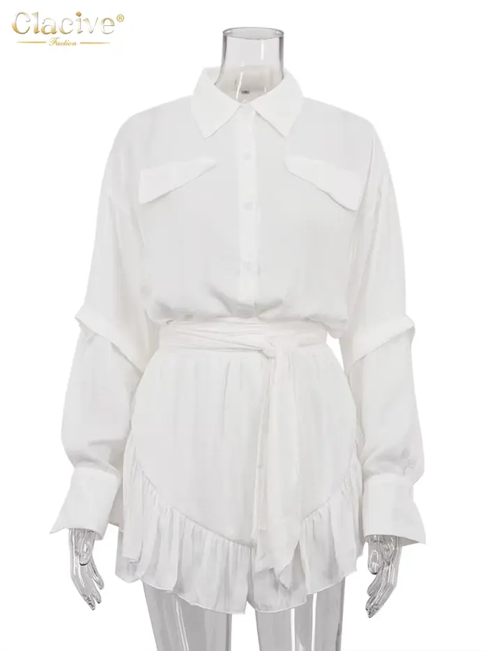 ClacMarkets-Ensemble 2 pièces décontracté pour femme, chemise à manches longues, mini jupe plissée t
