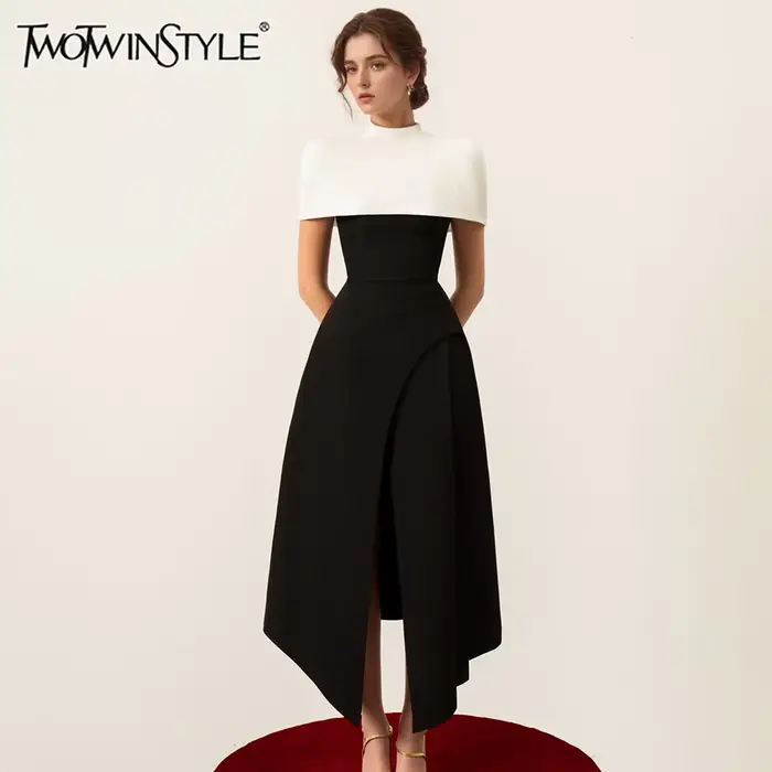 TWOTWINSTYLE détachable cape robes élégantes pour les femmes col carré sans manches taille haute hit