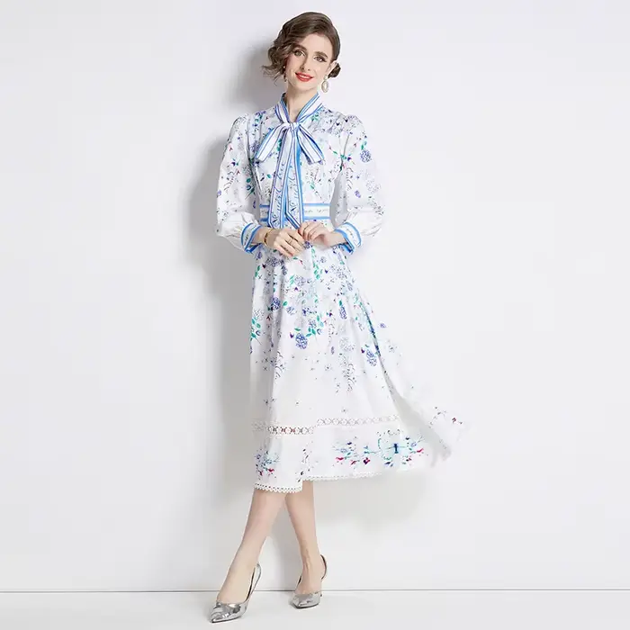 Robe imprimée à manches longues pour femmes, col rond, nœud papillon, taille amincissante, longueur 