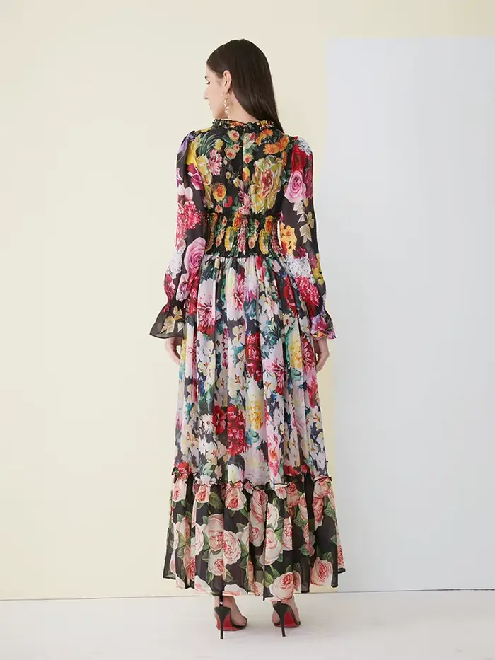 Robe d'été élégante en mousseline de soie pour femmes, imprimé floral, manches longues, col à volant