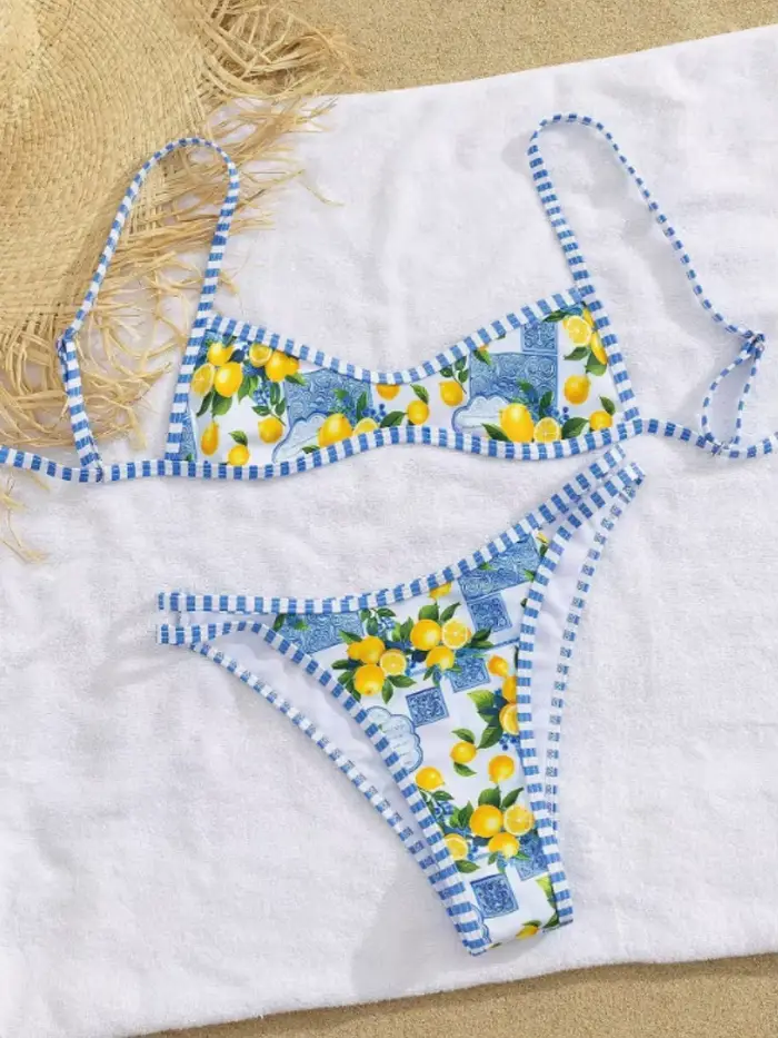 Sexy bleu ciel fruits imprimé Micro Bikini 2026 femmes brésilien plissé soutien-gorge Push Up creux 