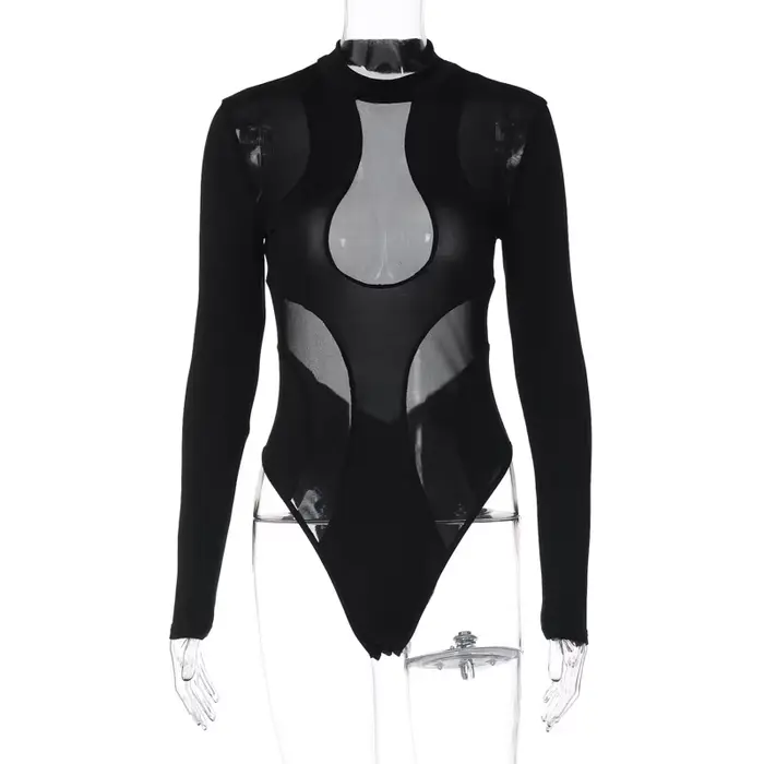 Body noir ajouré en maille Patchwork, combinaison moulante à manches longues pour femmes, mode Club,