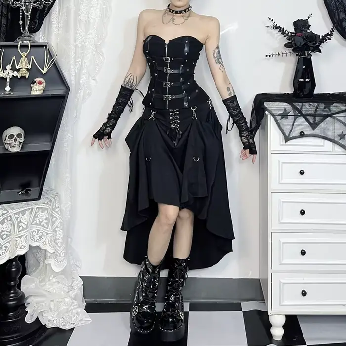 Harajuku Emo gotické šaty pre ženy alternatívneho štýlu grunge s nitmi a rezané a-line špeciálne príležitosti