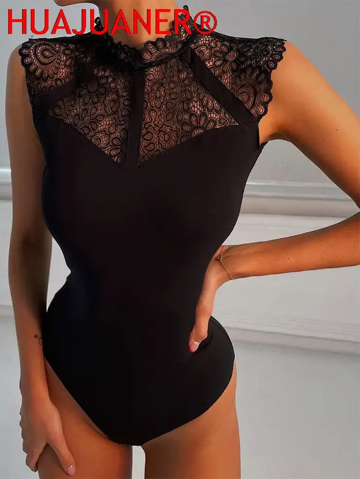 Čierna čipka body pre ženy v polyestere - sexy štýl a klub pre letné večery špeciálne príležitosti