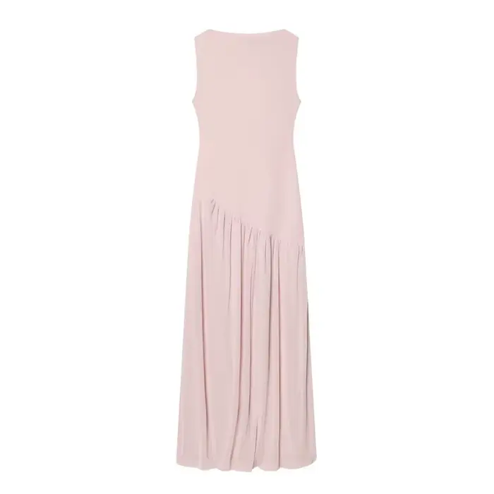 Robe mi-longue plissée marron sans manches à col montant pour femme ETJ, coupe fluide, style minimal