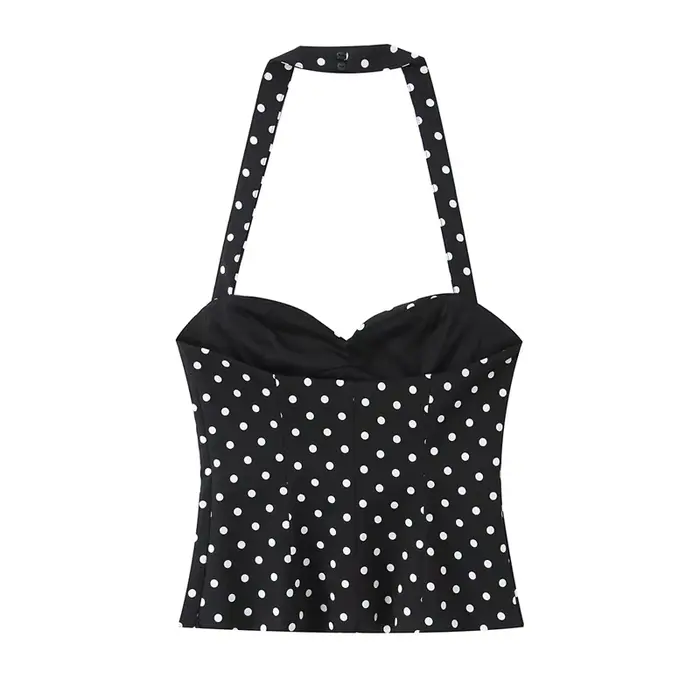 Haut pour femme, nouveau style été 2026, couleur unie, décor à pois, col halter, haut sexy, style va
