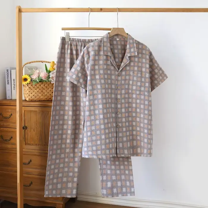Pyjama en coton basique pour femme, plaid, manches courtes, confort maximal pour les nuits chaudes et détentes printanières