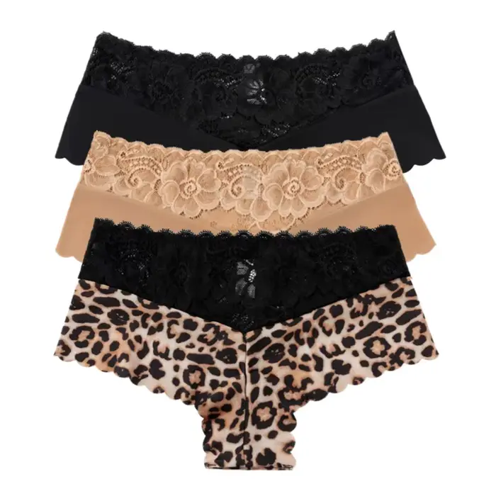 Culotte en dentelle léopard pour femme, sous-vêtement sexy, couleur unie, 3 pièces