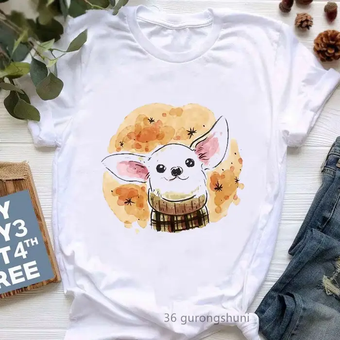 Biele tričko pre ženy s potlačou, Chihuahua, Harajuku, Kawaii