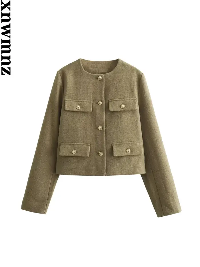 XNWMNZ-Veste courte vintage à col rond pour femme avec poche à rabat, blazer femme polyvalent, manch
