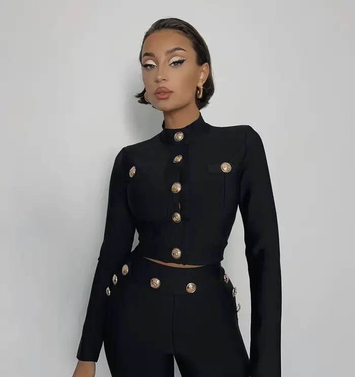 Nouveau Style d'automne couleur noire femmes à manches longues bouton rayonne Bandage manteau pantal