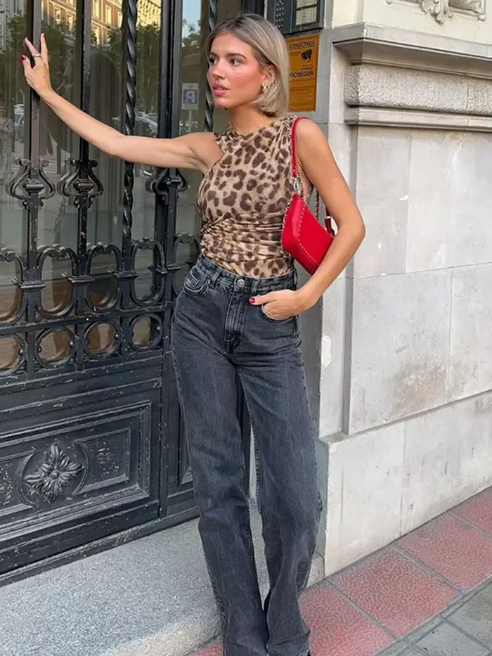 Dámske Leopard tylu batérie kombinézu, duté von, nepravidelné popruhy, Snap-b individuálne, dovolenka, pláž, Streetwear štýl, leto, 2025