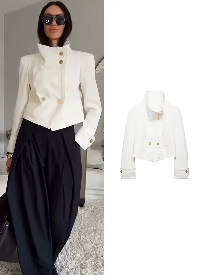 TFMLN – veste élégante pour femmes, couleur unie, manches longues, col montant, boutonnée, courtes, 
