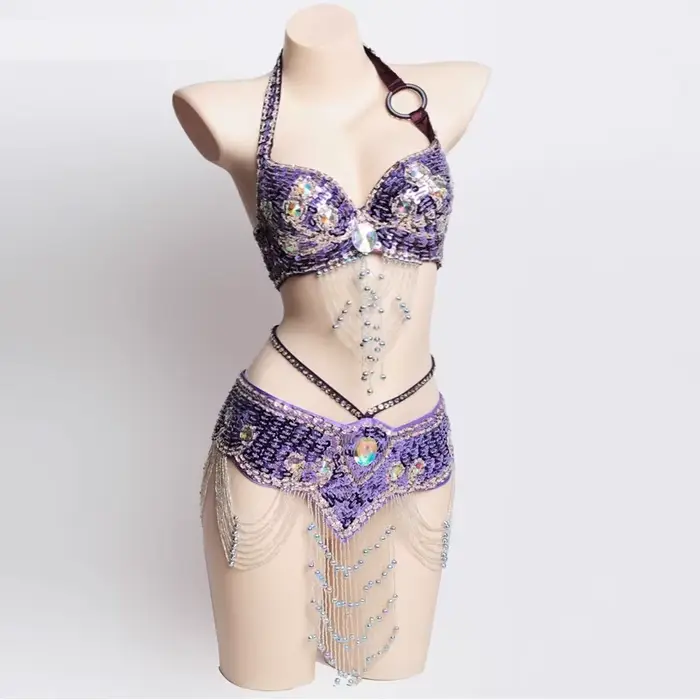 Sexy nočný kostým pre dievčatá, ručne vyrábané korálkové brušné tanečné kostýmy, podprsenka a opasok, sada 2 kusov pre ženy, karnevalové tanečné oblečenie