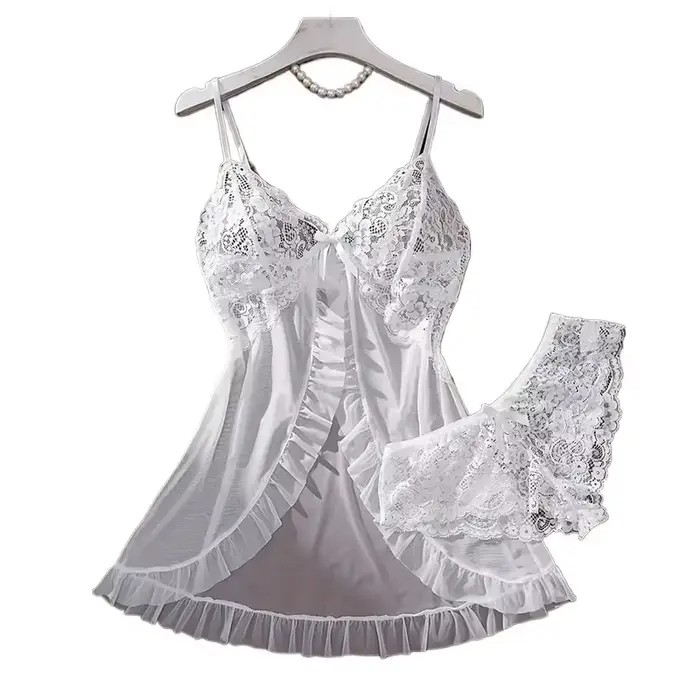 Tulle Ultra Sexy chemise de nuit col en v soutien-gorge ouvert sommeil jupe nuit robe érotique femme pure pyjamas Lingerie tongs Kit de luxe