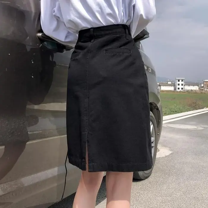 Jupe Vintage en Denim pour Femme, Vêtement de Couleur Unie, Ligne A, avec lèvent, Slim, Taille Haute