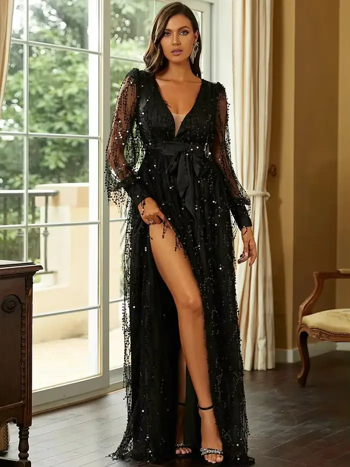 InjMesh Sequin Display Banquet fur s for Women, Robe de soirée, Robe longue, Noir, Élégant, Indépend