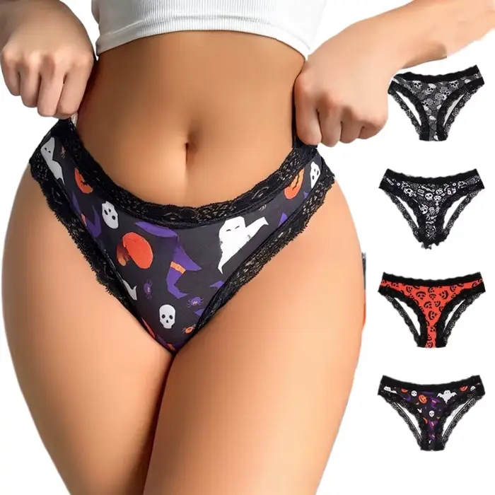 Culotte en nylon imprimée avec bordure en dentelle pour femmes, idéale pour Halloween et autres occasions spéciales