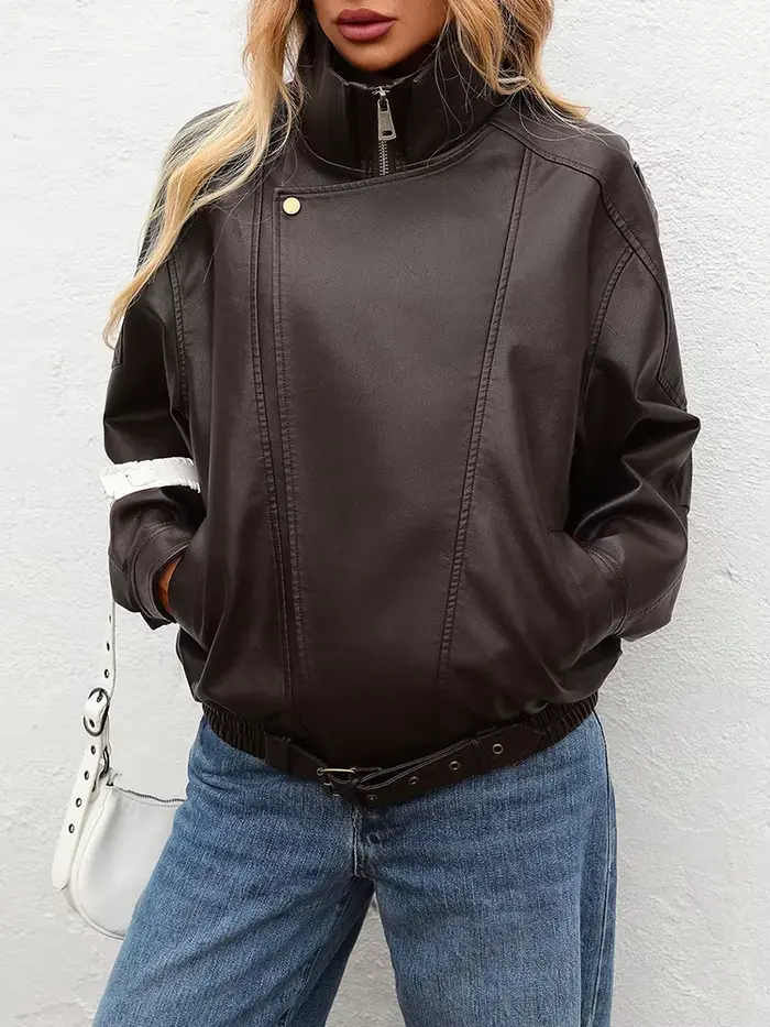Ailegogo nová jarná/jesenná dámska streetwear retro voľná bunda z imitácie kože Moto Biker žena Vintage opasok
