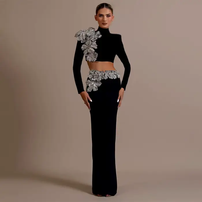 Sexy dvojdielna sada v diamantoch a polyestere pre ženy, ideálna pre formálne večierky a akcie jeseň-zima